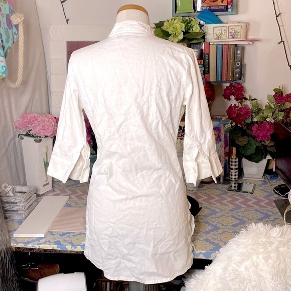 🌷 Basic One🌷 White Linen Tunic Blouse Sequin Embroidered Decoration - Picture 3 of 8